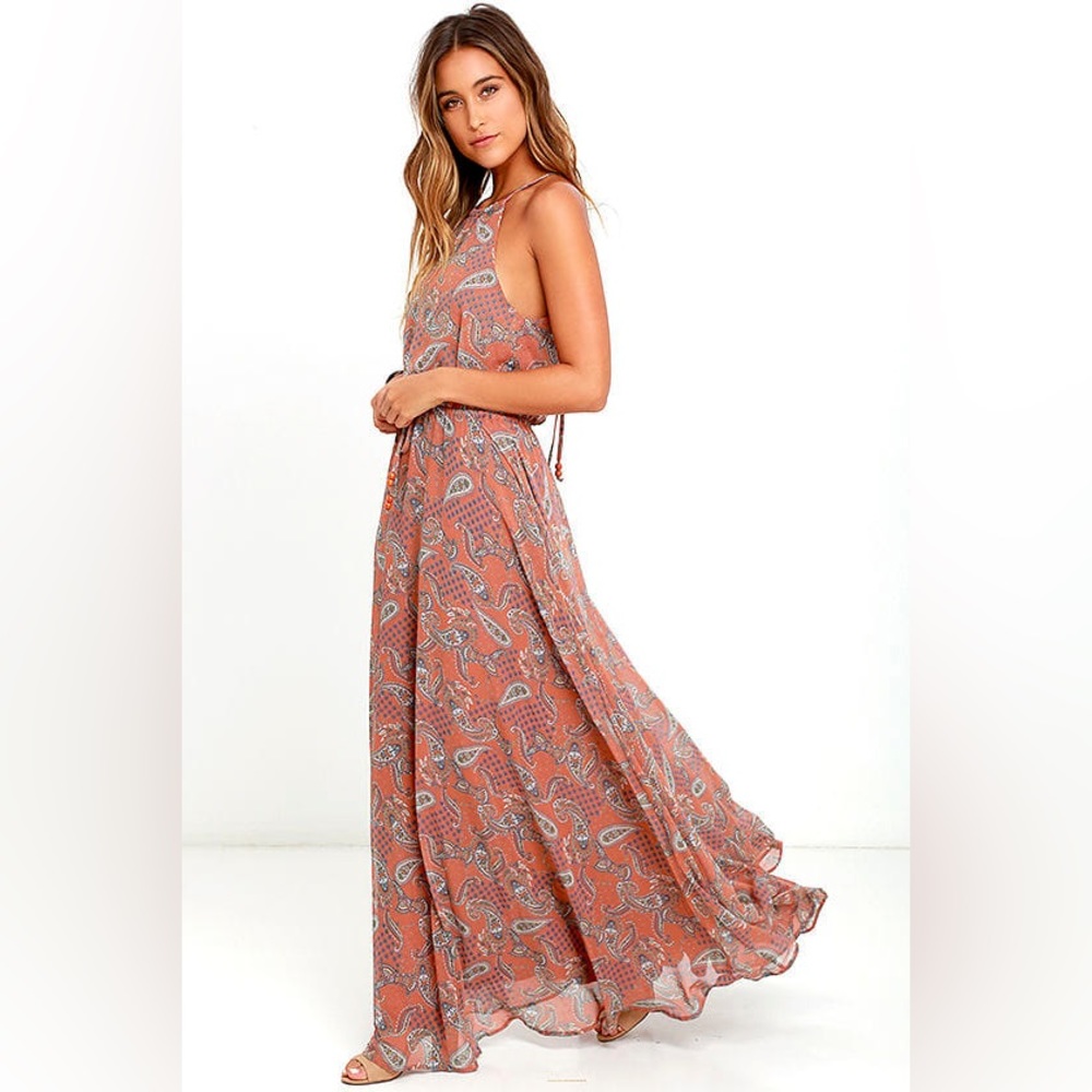 Lulus Gazebo Spirit Rust Orange Paisley Print Maxi Dress